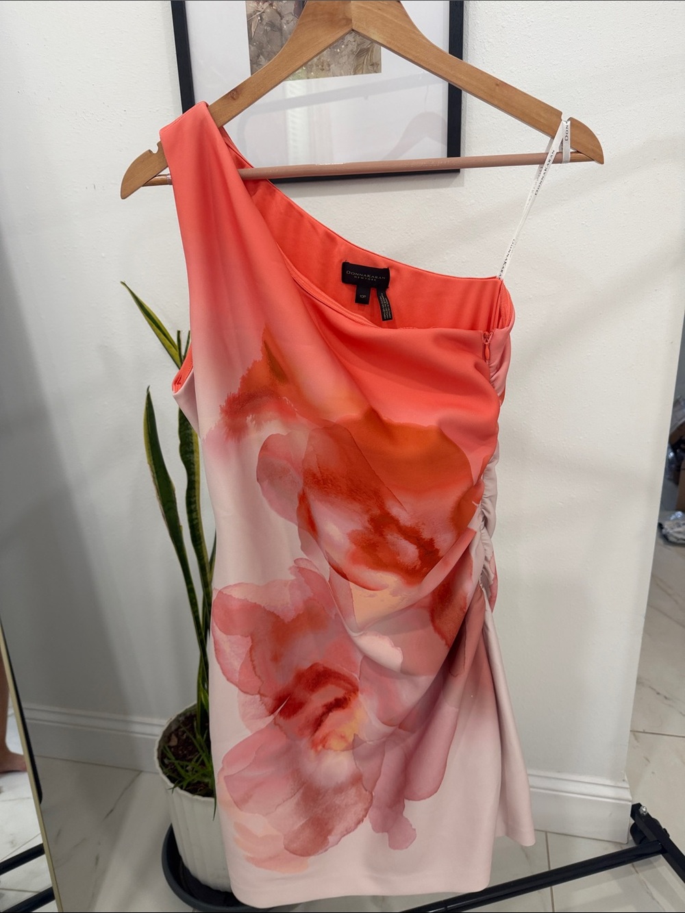 Donna Karan Coral and Blush One-Shoulder Floral Sheath Dress